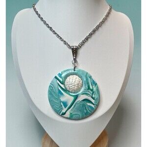 Artisan Handmade White Blue Green Polymer Clay Pendant Necklace 18" SS Chain